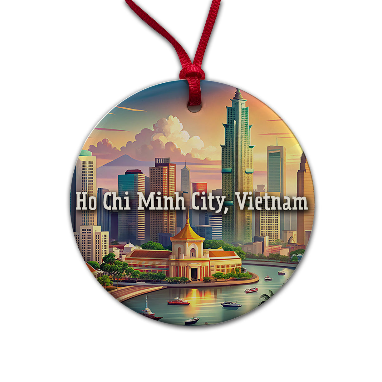 Ho Chi Minh City, Vietnam Travel City Country Stamp Round Ceramic Holiday Christmas Tree Ornament