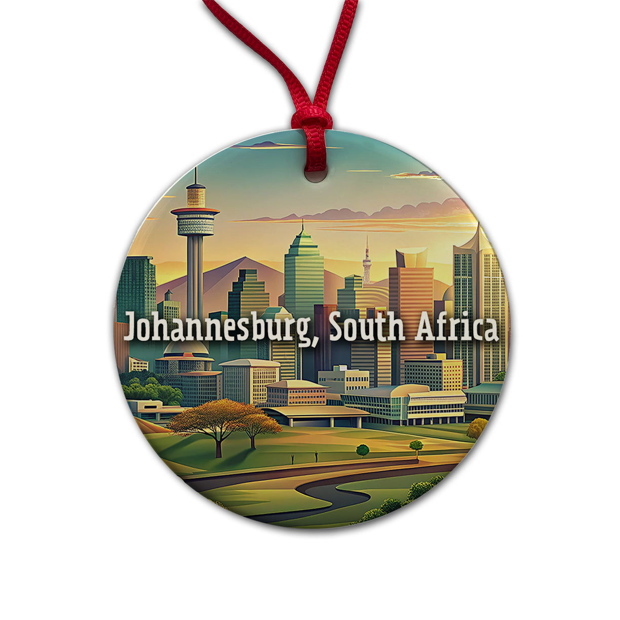 Johannesburg, South Africa Travel City Country Stamp Round Ceramic Holiday Christmas Tree Ornament