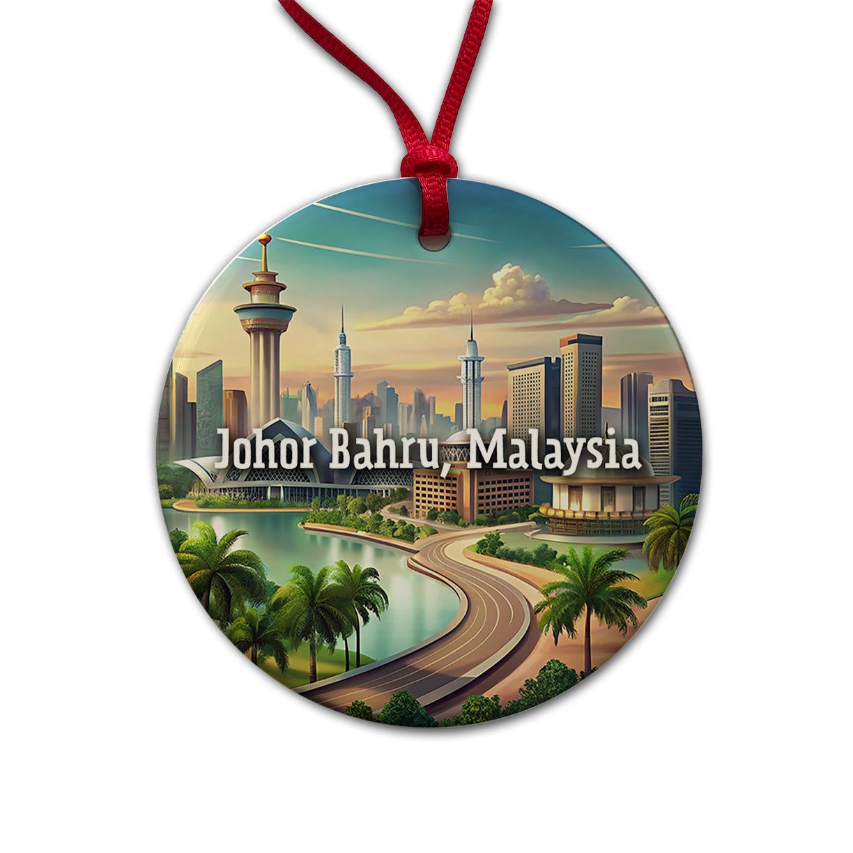 Johor Bahru, Malaysia Travel City Country Stamp Round Ceramic Holiday Christmas Tree Ornament