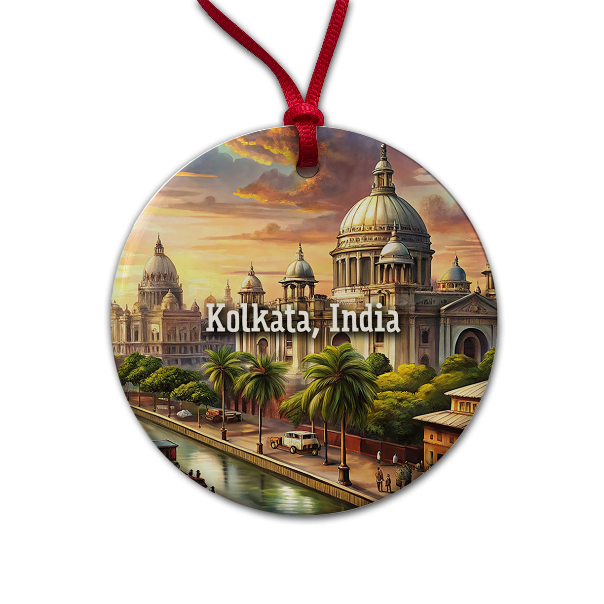 Kolkata, India Travel City Country Stamp Round Ceramic Holiday Christmas Tree Ornament