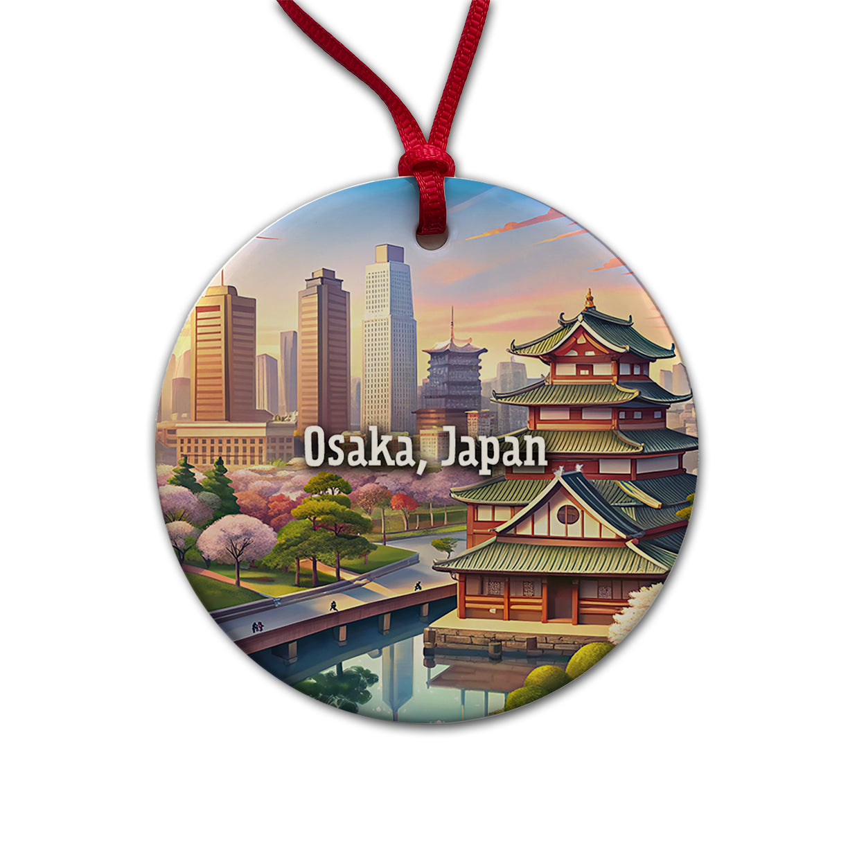 Osaka, Japan Travel City Country Stamp Round Ceramic Holiday Christmas Tree Ornament