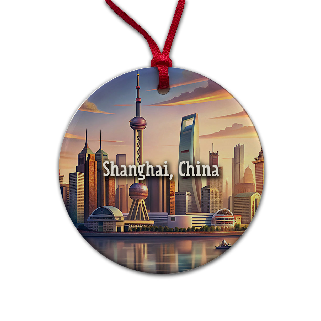 Shanghai, China Travel City Country Stamp Round Ceramic Holiday Christmas Tree Ornament
