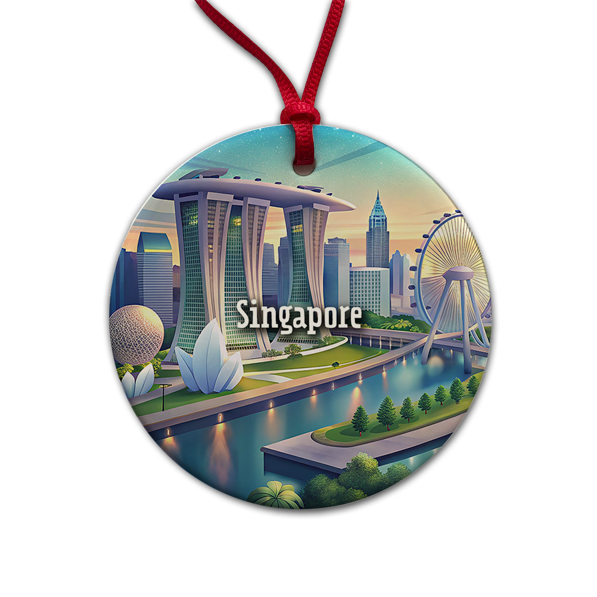 Singapore Travel City Country Stamp Round Ceramic Holiday Christmas Tree Ornament