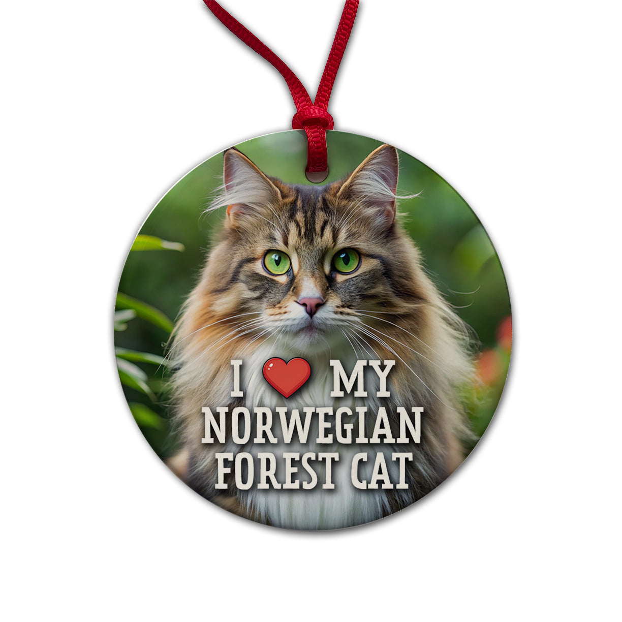 I Love My Norwegian Forest Cat Heart Round Ceramic Holiday Christmas Tree Ornament