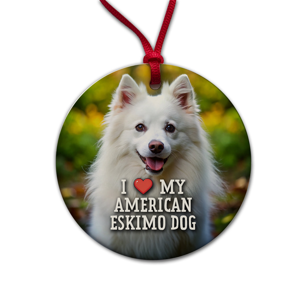 I Love My American Eskimo Dog Heart Round Ceramic Holiday Christmas Tree Ornament