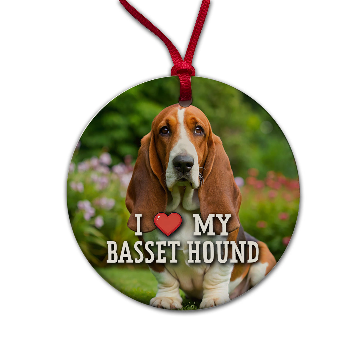 I Love My Basset Hound Dog Heart Round Ceramic Holiday Christmas Tree Ornament