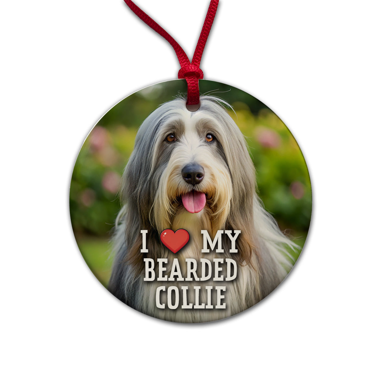 I Love My Bearded Collie Dog Heart Round Ceramic Holiday Christmas Tree Ornament