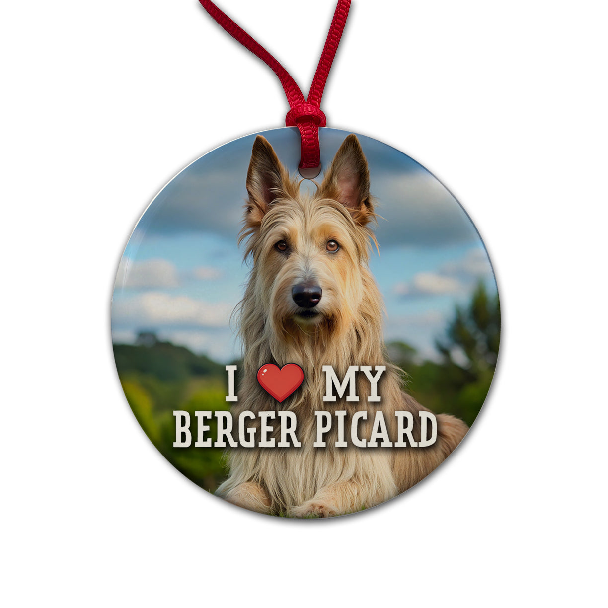 I Love My Berger Picard Dog Heart Round Ceramic Holiday Christmas Tree Ornament