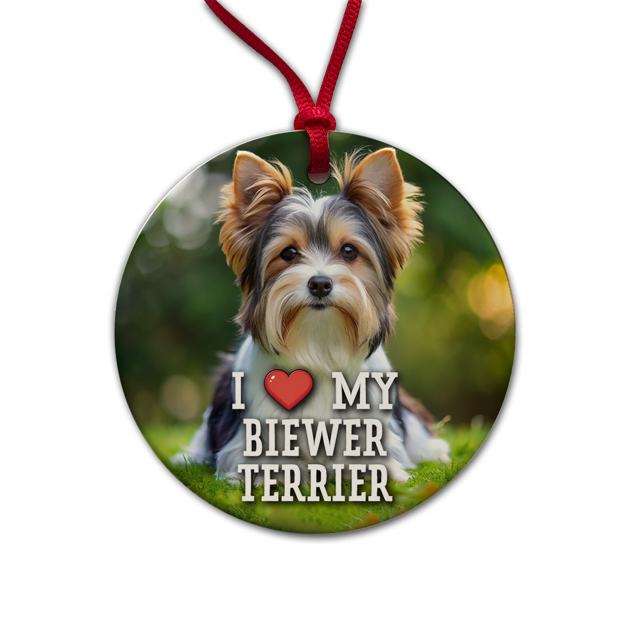 I Love My Biewer Terrier Dog Heart Round Ceramic Holiday Christmas Tree Ornament