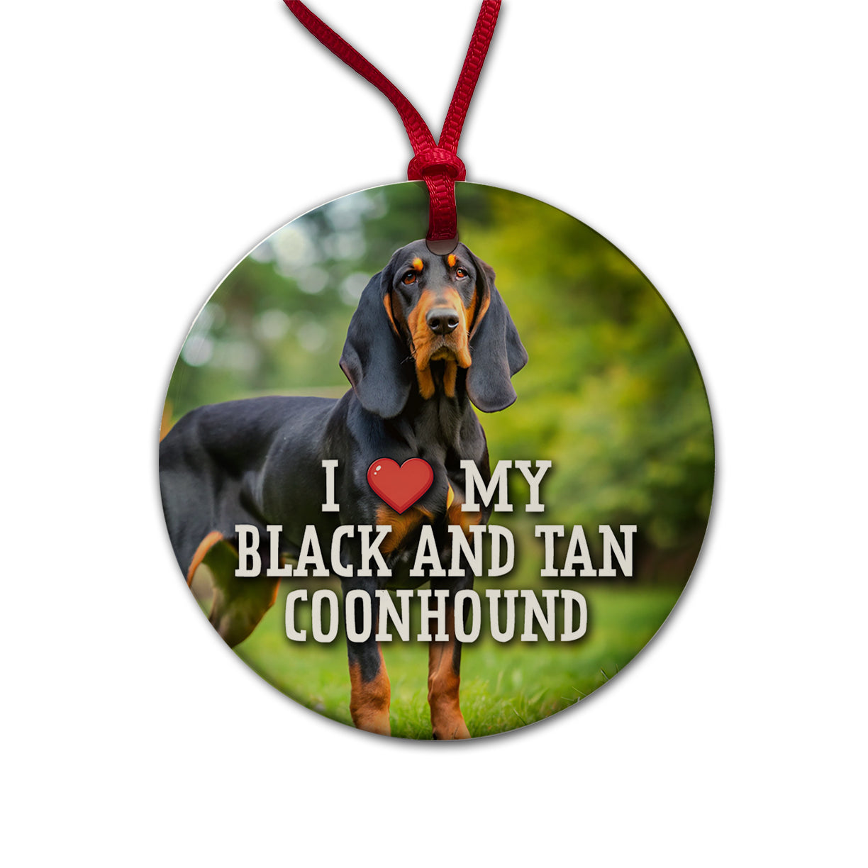 I Love My Black And Tan Coonhound Dog Heart Round Ceramic Holiday Christmas Tree Ornament