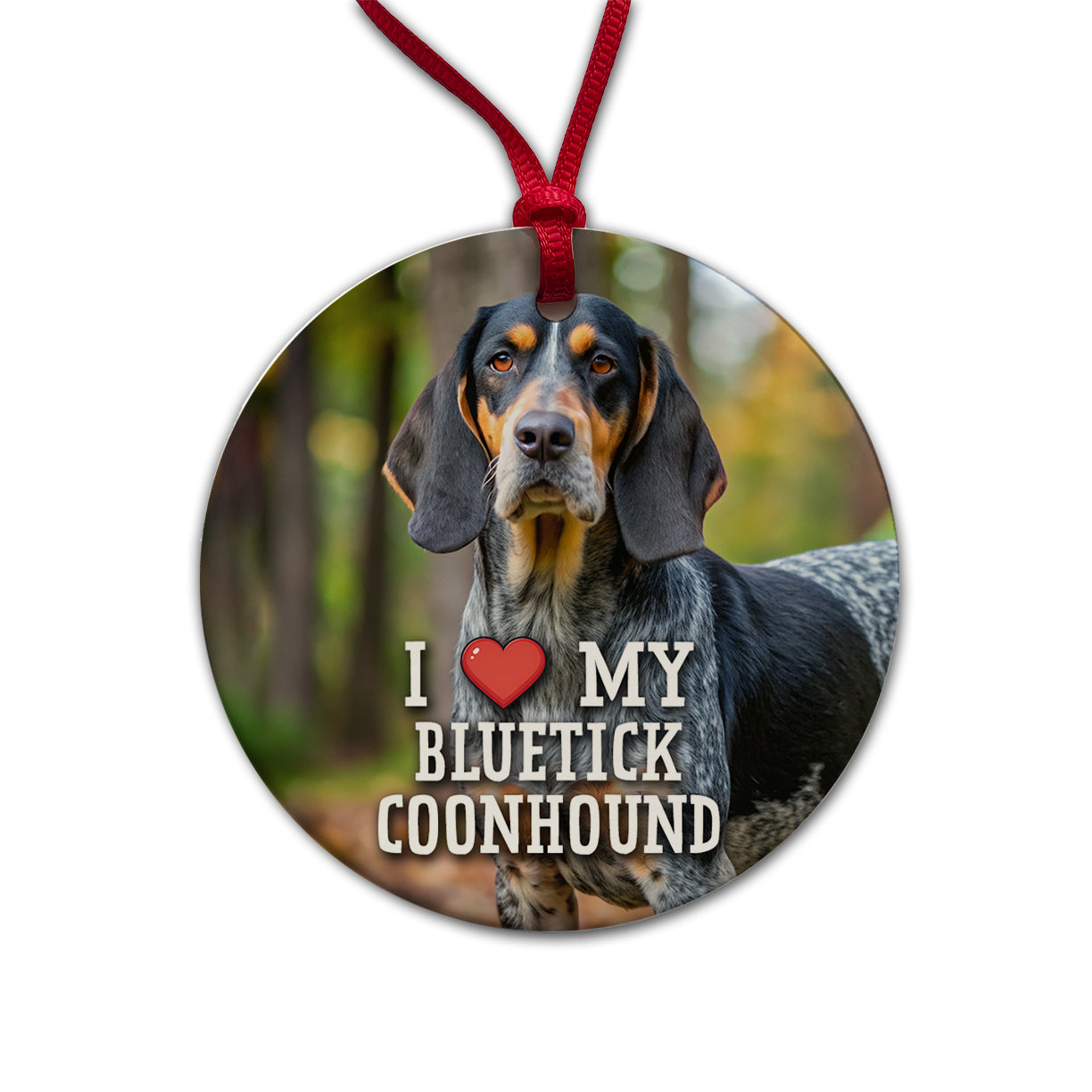 I Love My Bluetick Coonhound Dog Heart Round Ceramic Holiday Christmas Tree Ornament