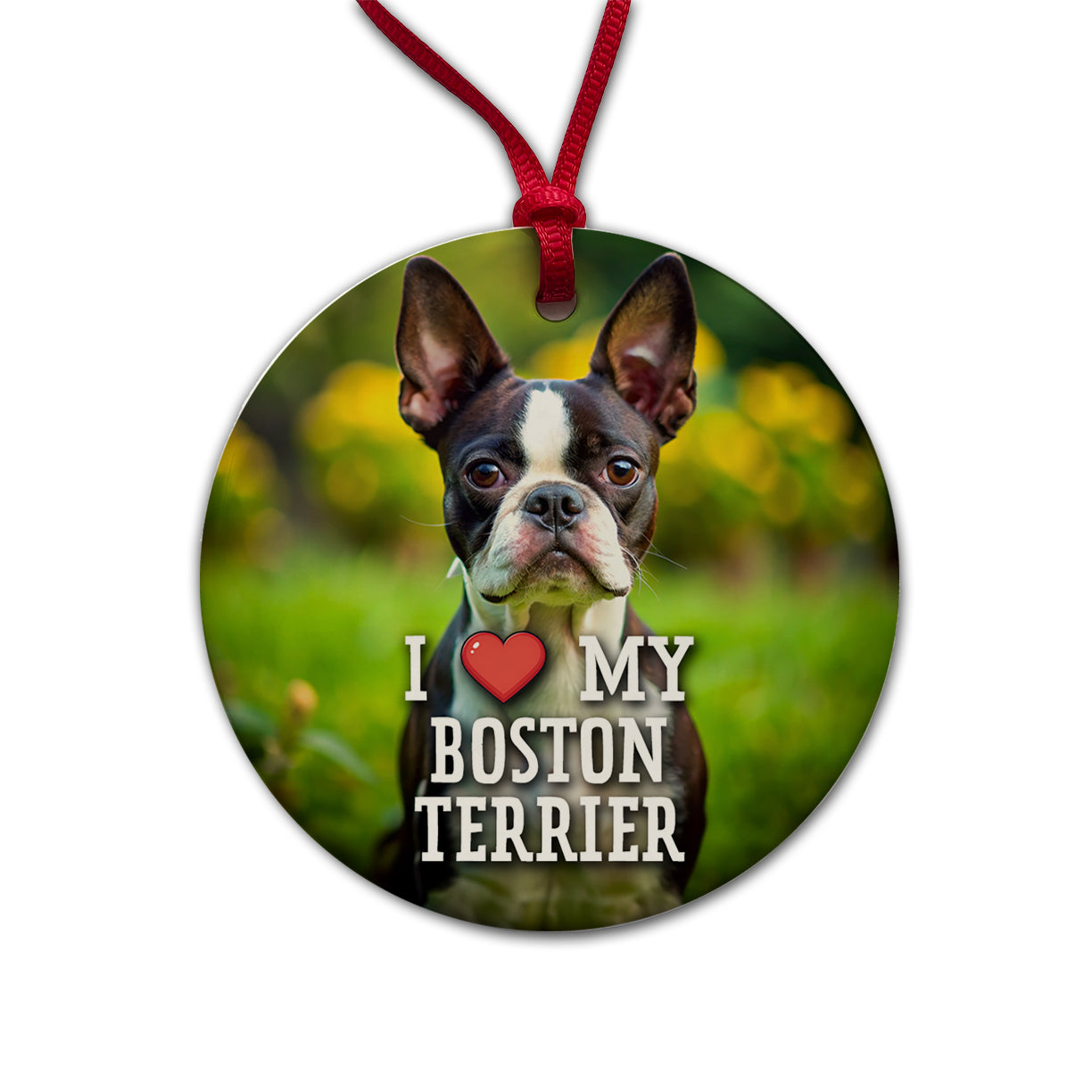 I Love My Boston Terrier Dog Heart Round Ceramic Holiday Christmas Tree Ornament