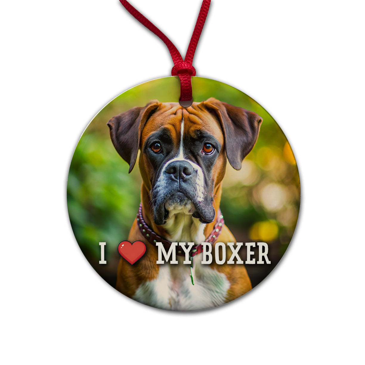 I Love My Boxer Dog Heart Round Ceramic Holiday Christmas Tree Ornament