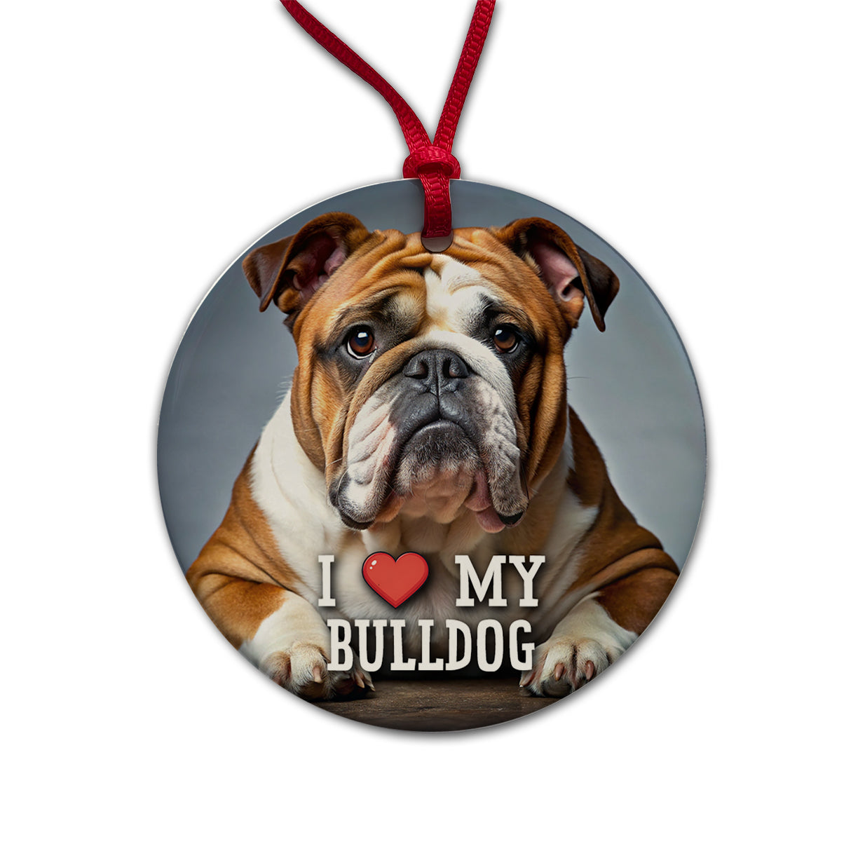 I Love My Bulldog Dog Heart Round Ceramic Holiday Christmas Tree Ornament