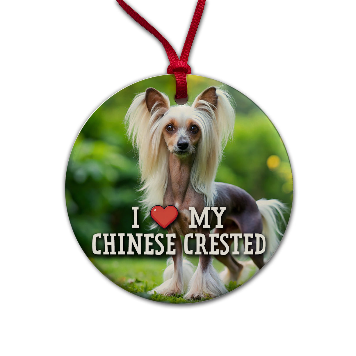 I Love My Chinese Crested Dog Heart Round Ceramic Holiday Christmas Tree Ornament