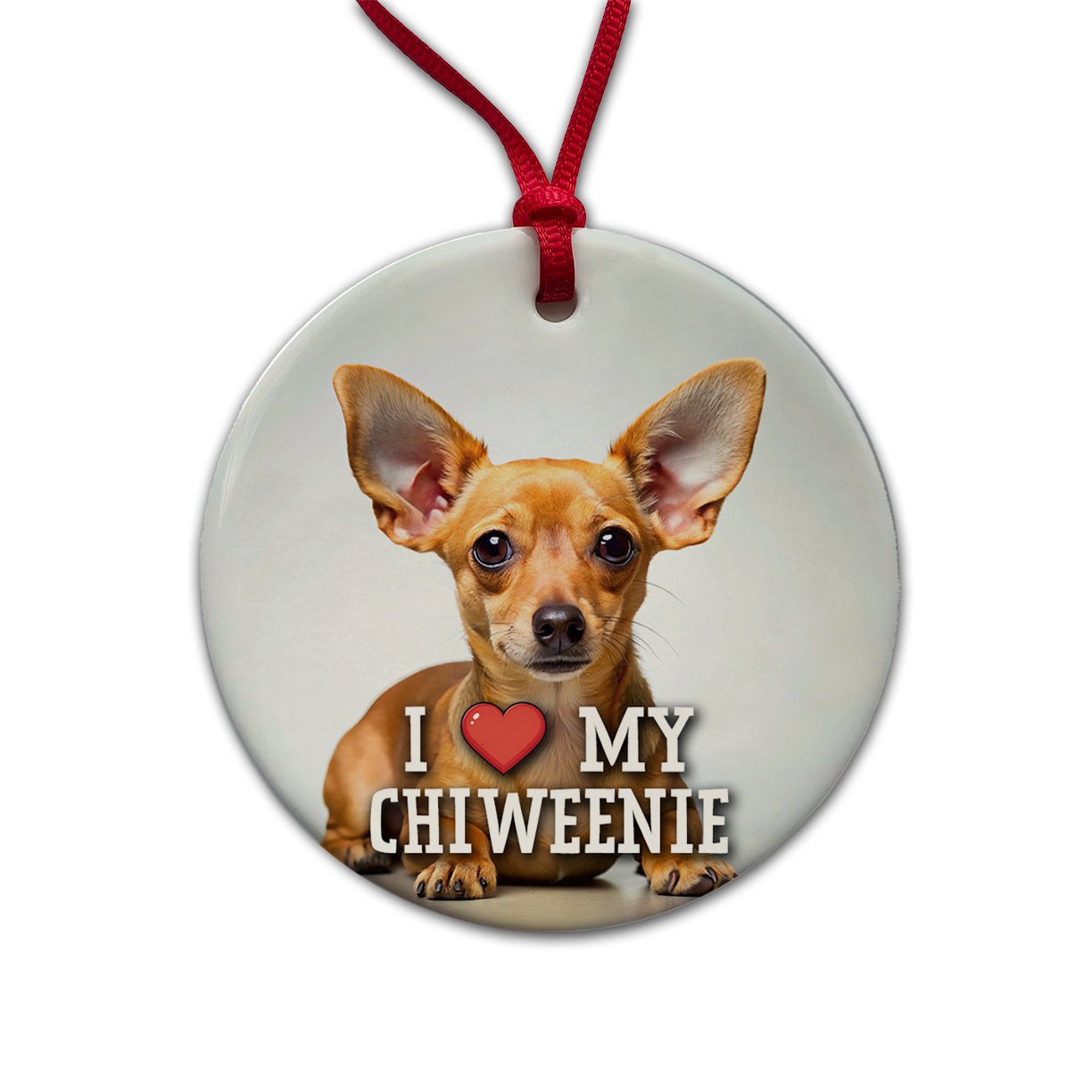 I Love My Chiweenie Dog Heart Round Ceramic Holiday Christmas Tree Ornament