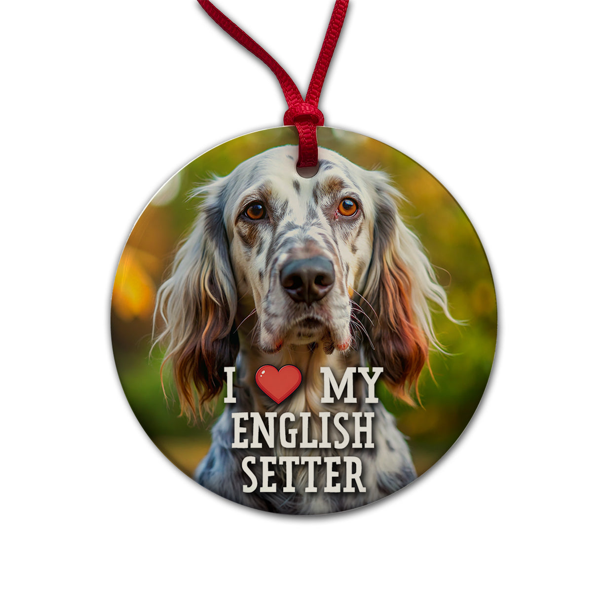 I Love My English Setter Dog Heart Round Ceramic Holiday Christmas Tree Ornament