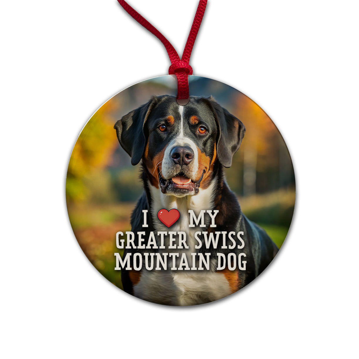 I Love My Greater Swiss Mountain Dog Heart Round Ceramic Holiday Christmas Tree Ornament