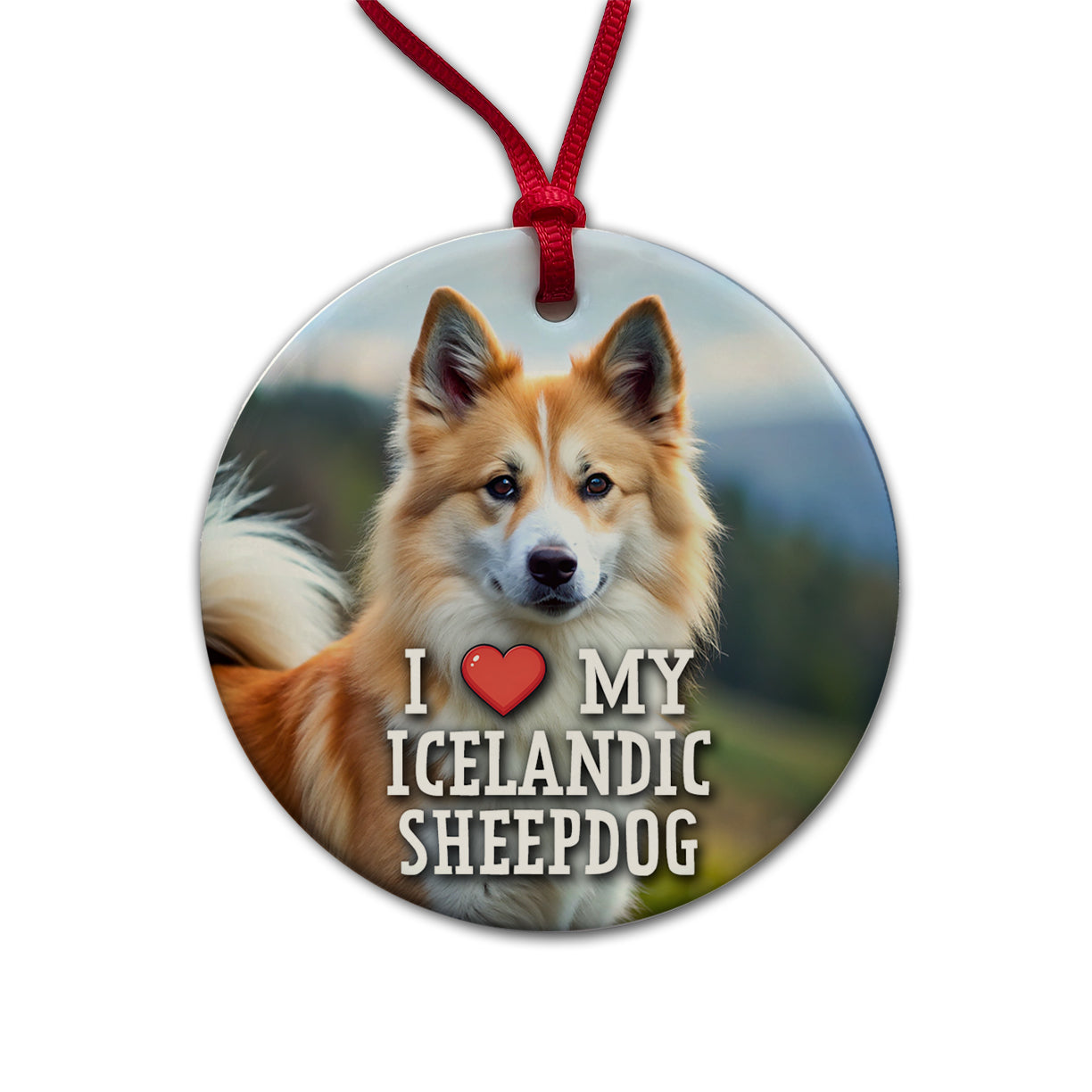 I Love My Icelandic Sheepdog Dog Heart Round Ceramic Holiday Christmas Tree Ornament