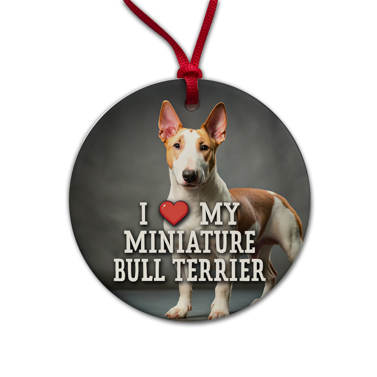 I Love My Miniature Bull Terrier Dog Heart Round Ceramic Holiday Christmas Tree Ornament