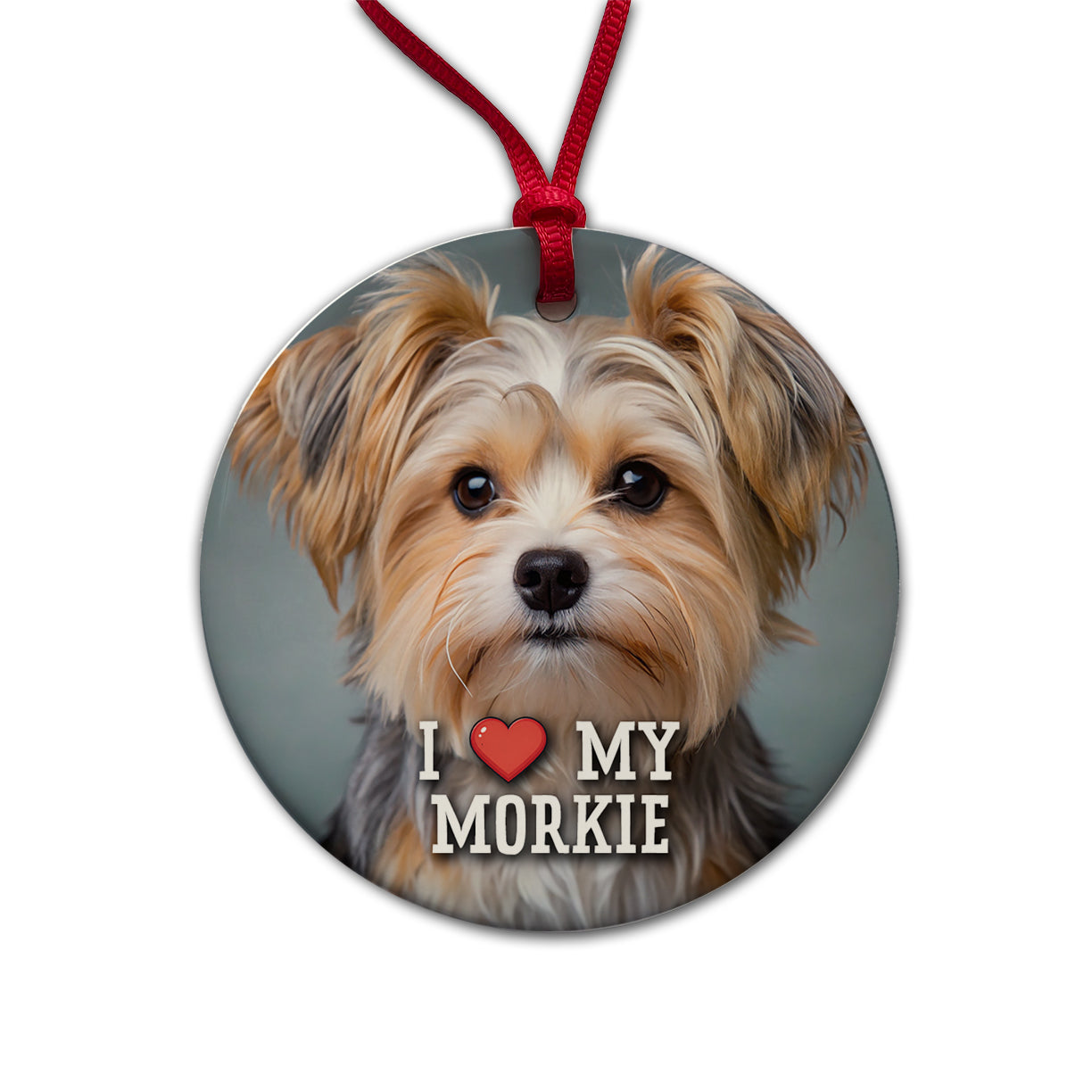 I Love My Morkie Dog Heart Round Ceramic Holiday Christmas Tree Ornament