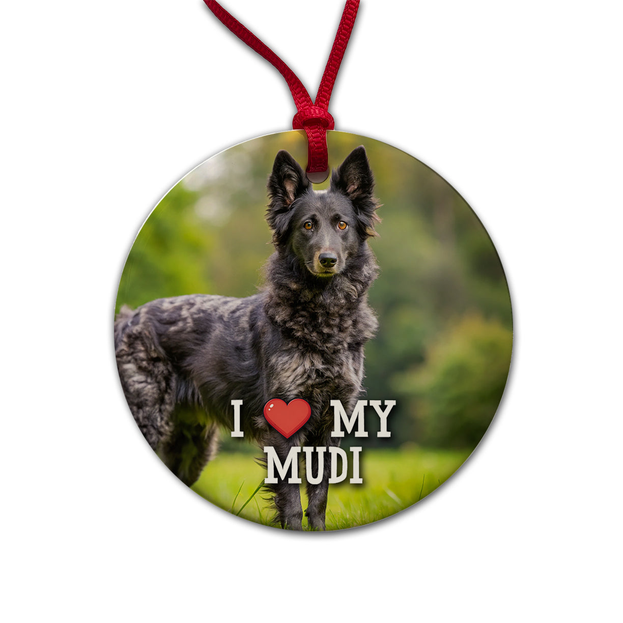 I Love My Mudi Dog Heart Round Ceramic Holiday Christmas Tree Ornament