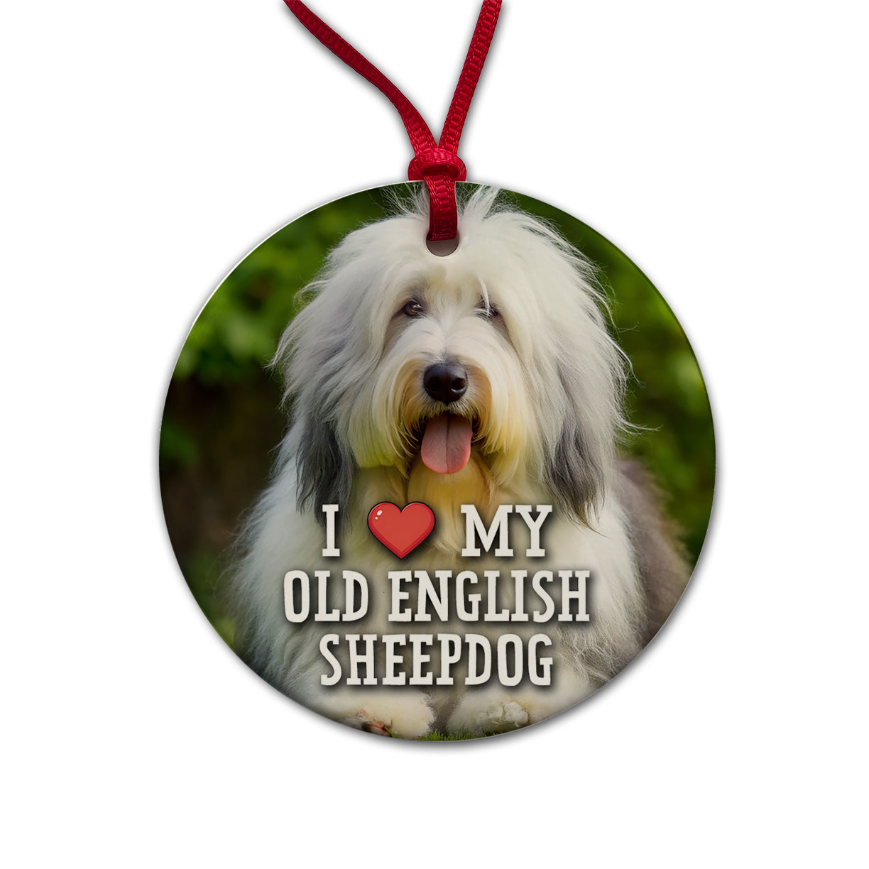 I Love My Old English Sheepdog Dog Heart Round Ceramic Holiday Christmas Tree Ornament