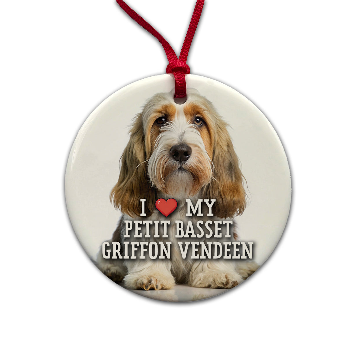 I Love My Petit Basset Griffon Vendeen Dog Heart Round Ceramic Holiday Christmas Tree Ornament