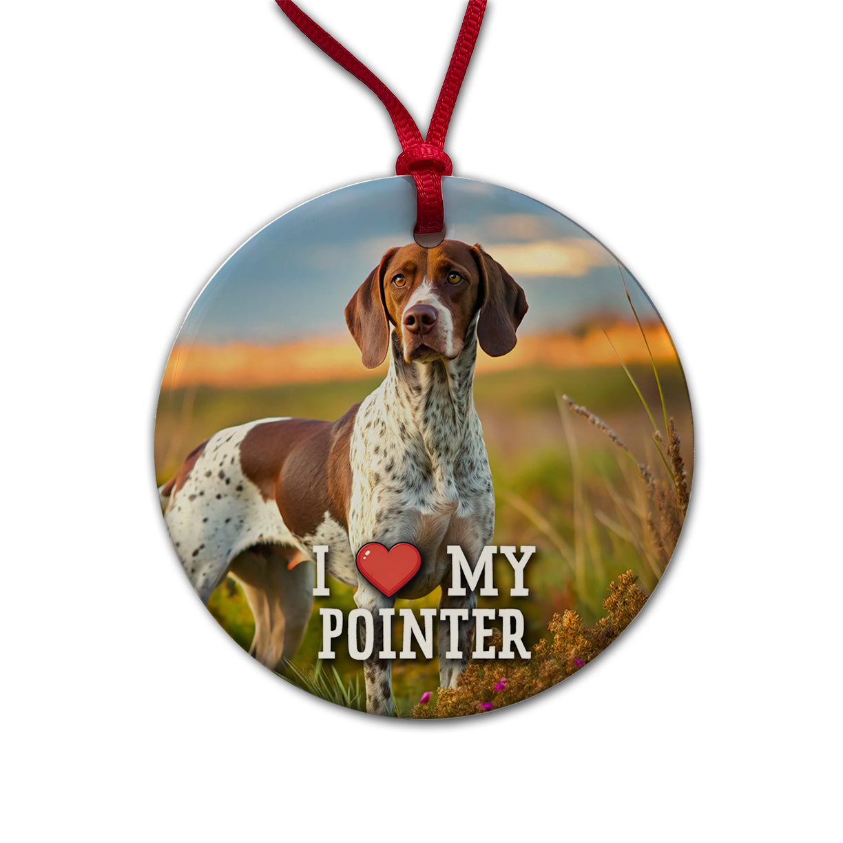 I Love My Pointer Dog Heart Round Ceramic Holiday Christmas Tree Ornament