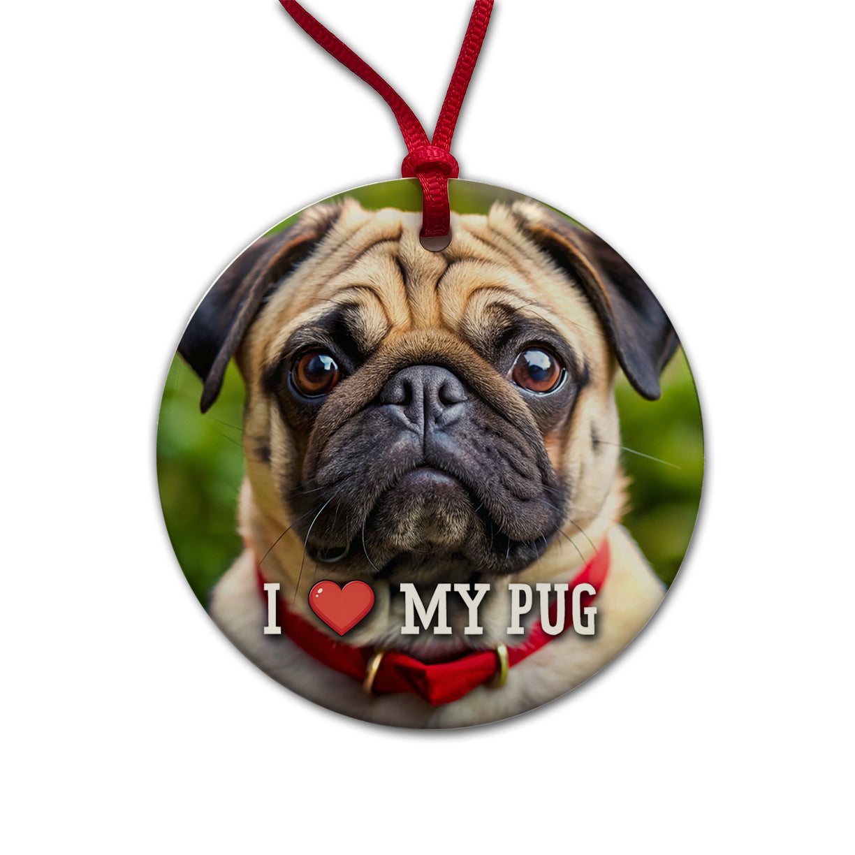 I Love My Pug Dog Heart Round Ceramic Holiday Christmas Tree Ornament