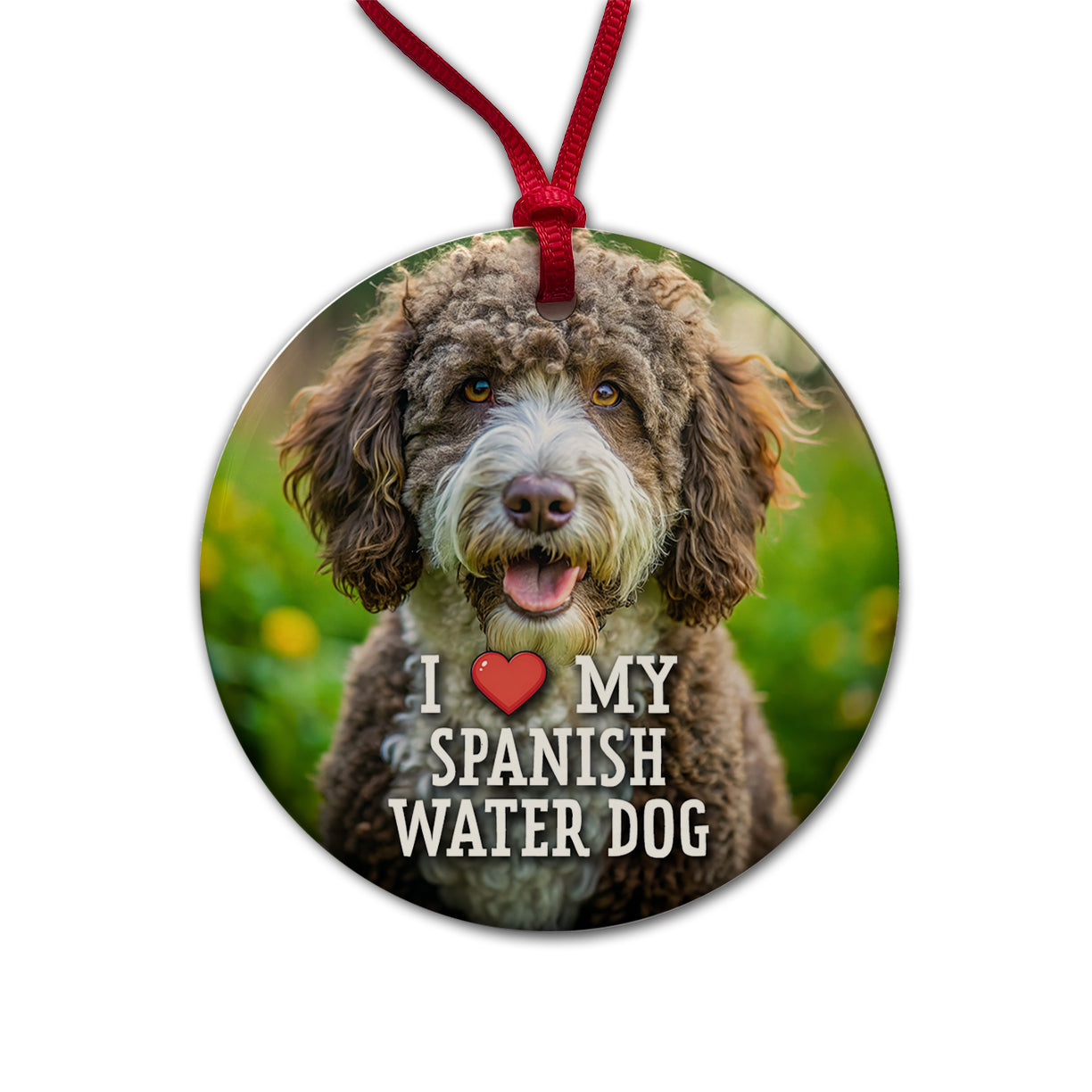 I Love My Spanish Water Dog Heart Round Ceramic Holiday Christmas Tree Ornament