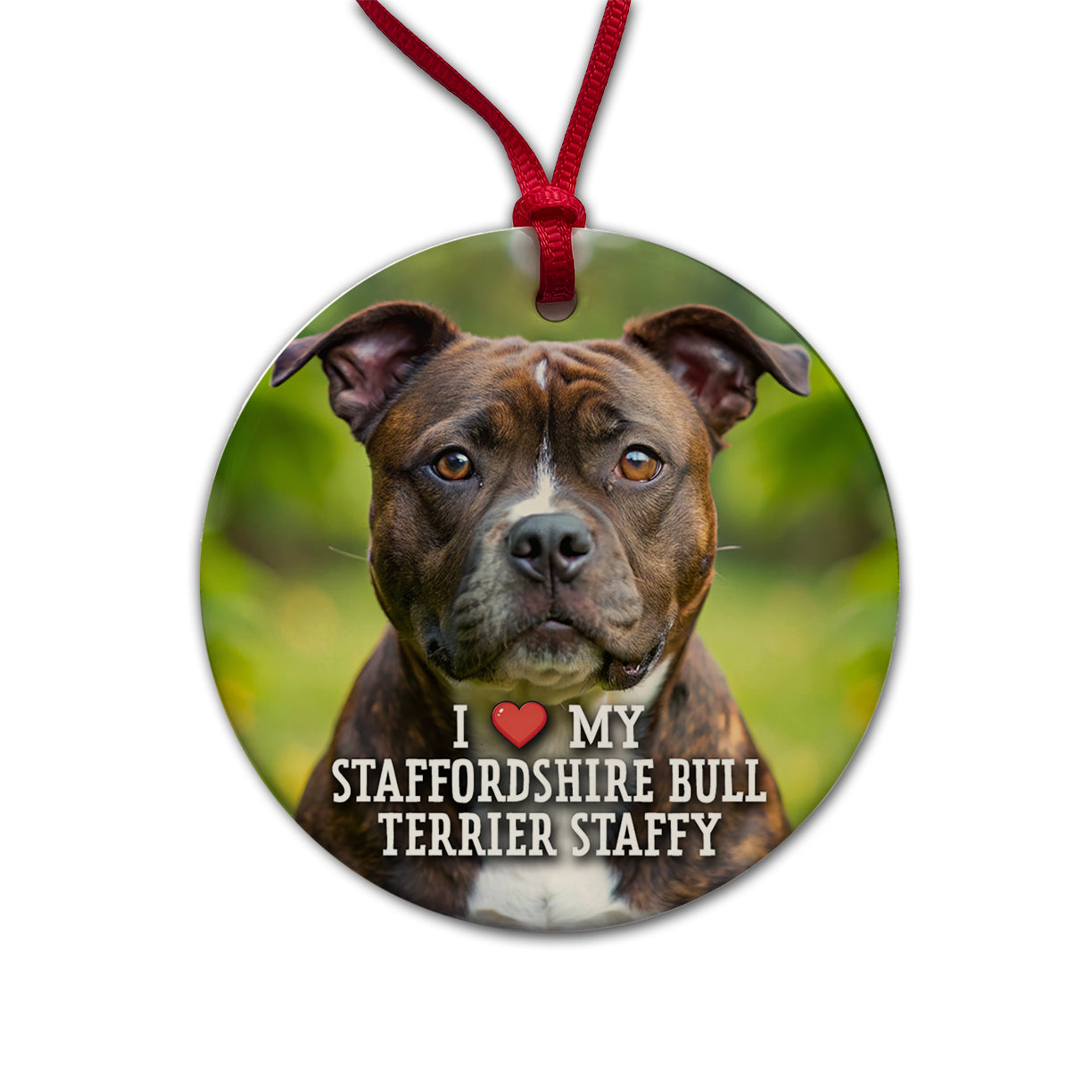 I Love My Staffordshire Bull Terrier Staffy Dog Heart Round Ceramic Holiday Christmas Tree Ornament
