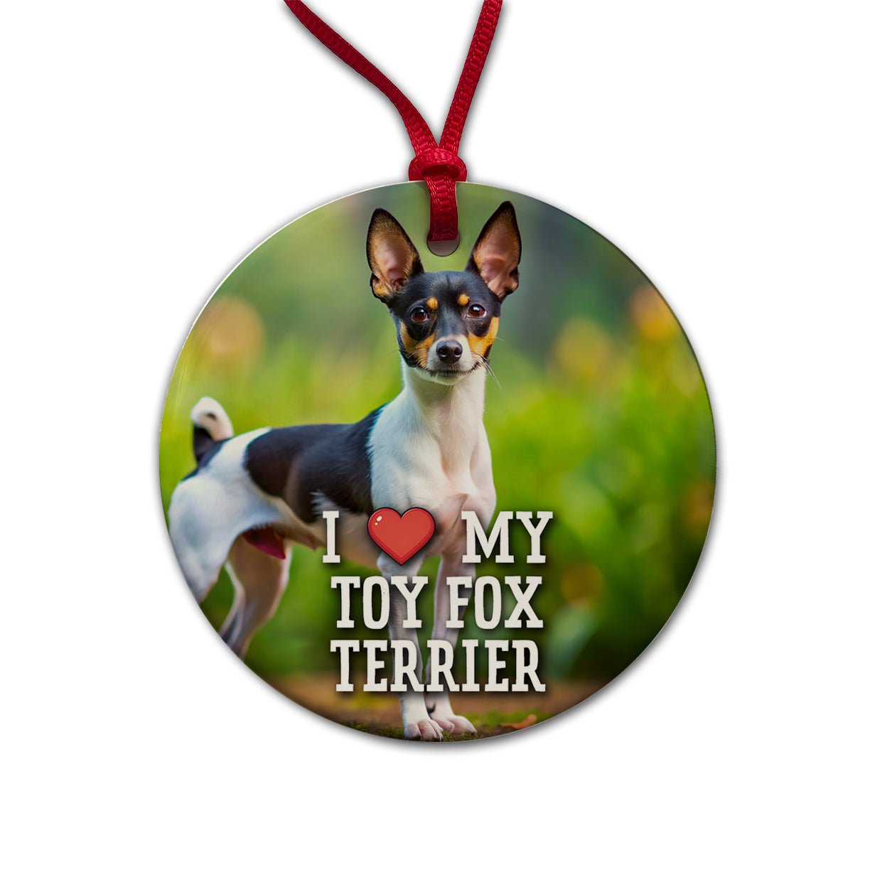 I Love My Toy Fox Terrier Dog Heart Round Ceramic Holiday Christmas Tree Ornament