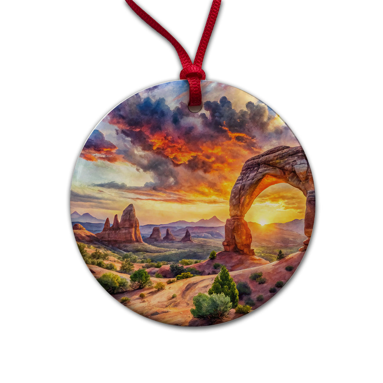 Arches National Park Utah Watercolor Style Round Ceramic Holiday Christmas Tree Ornament