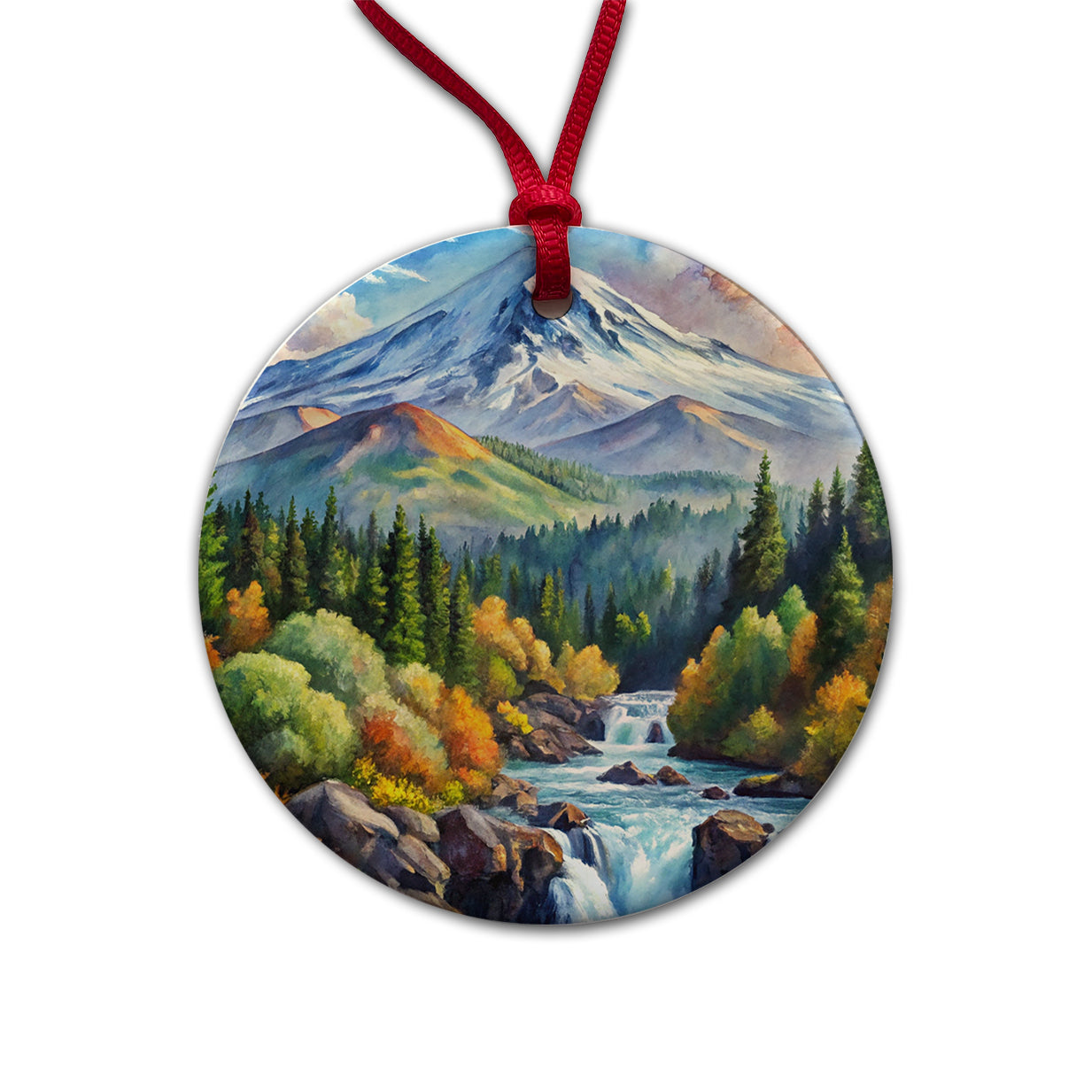 Cascade - Siskiyou National Monument California, Oregon Watercolor Style Round Ceramic Holiday Christmas Tree Ornament
