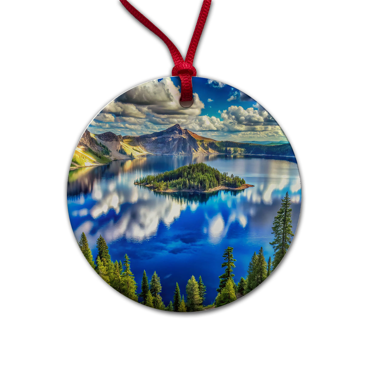Crater Lake National Park Oregon Watercolor Style Round Ceramic Holiday Christmas Tree Ornament