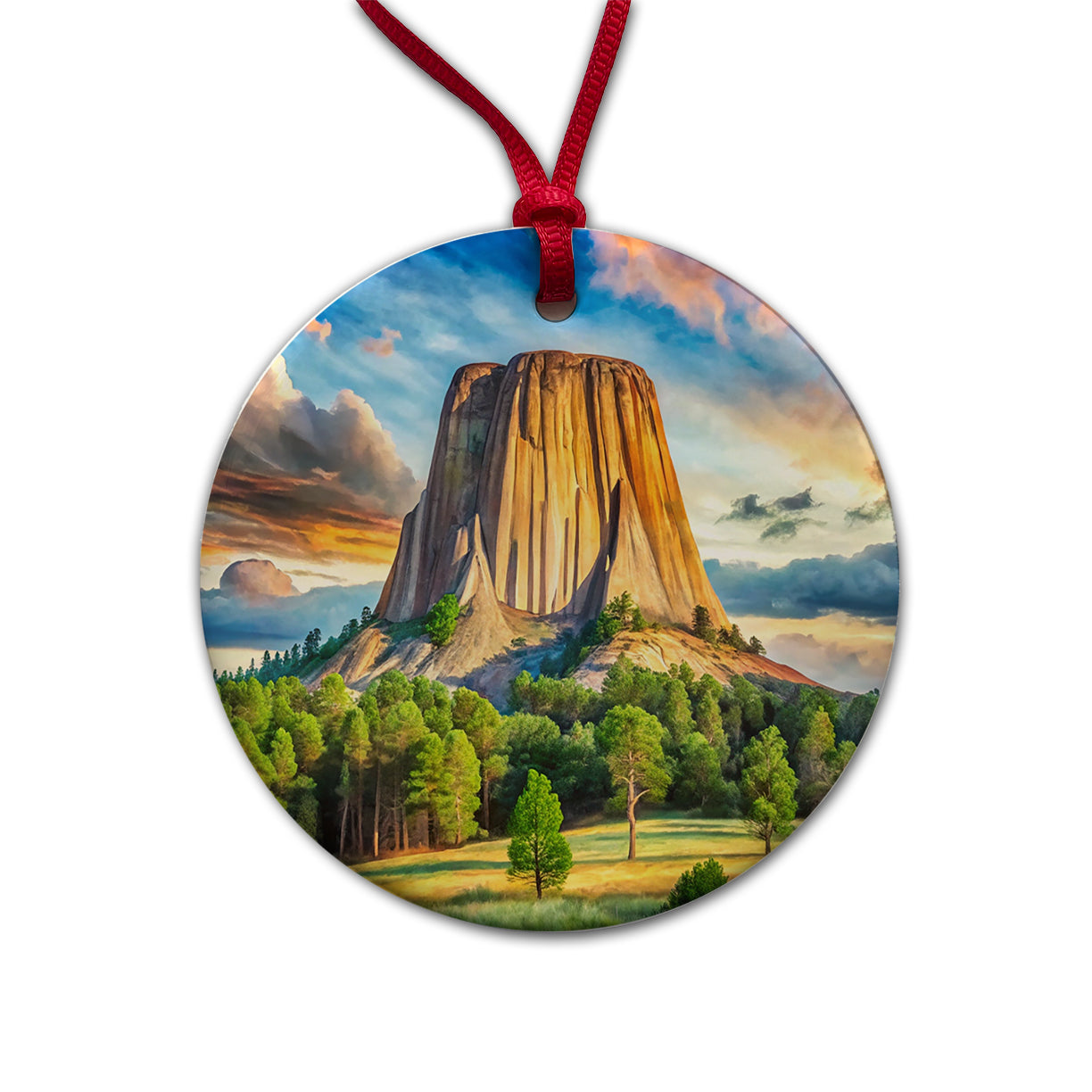 Devils Tower National Monument Wyoming Watercolor Style Round Ceramic Holiday Christmas Tree Ornament