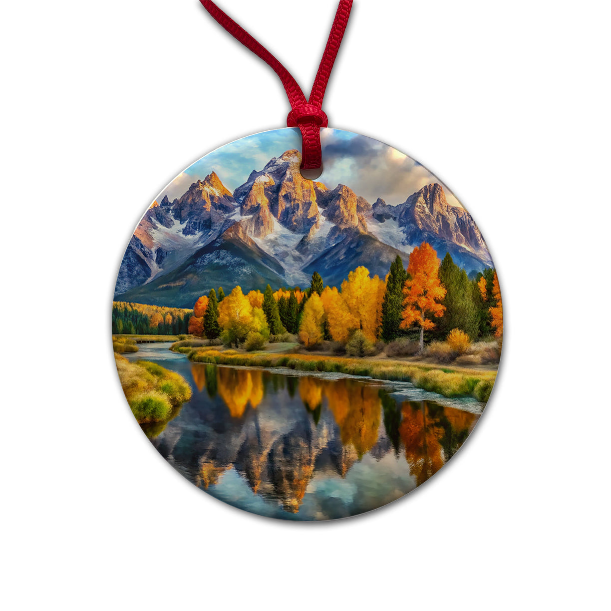 Grand Teton National Park Wyoming Watercolor Style Round Ceramic Holiday Christmas Tree Ornament