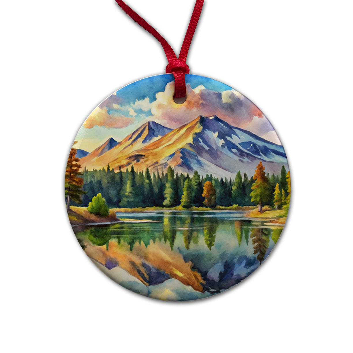 Lassen Volcanic National Park California Watercolor Style Round Ceramic Holiday Christmas Tree Ornament