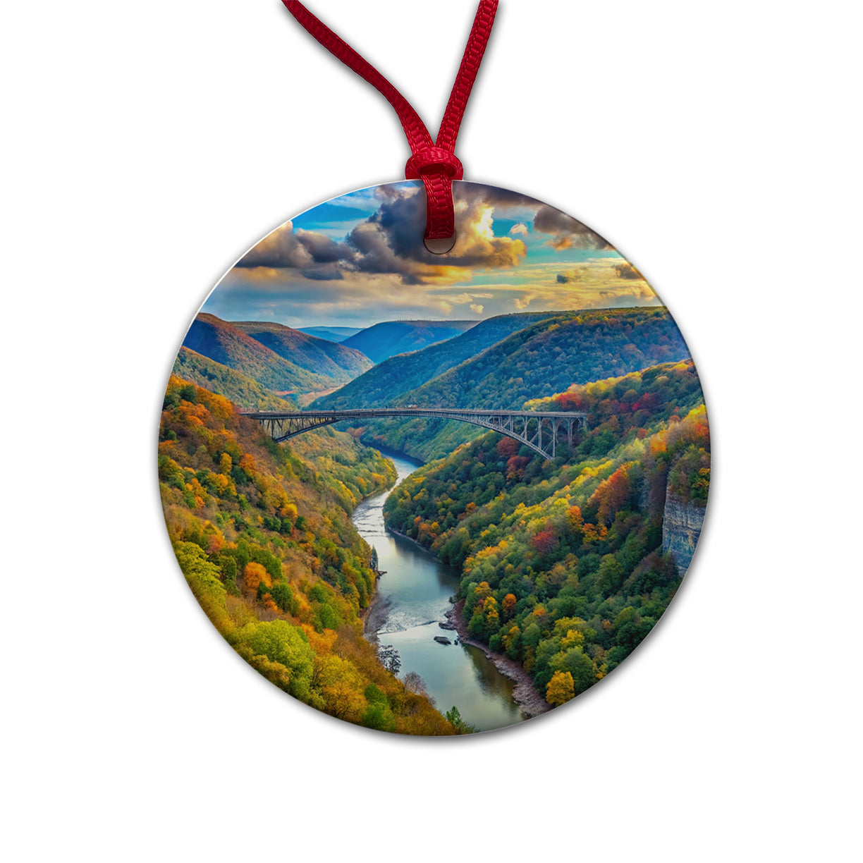 New River Gorge National Park and Preserve West Virginia Watercolor Style Round Ceramic Holiday Christmas Tree Ornament