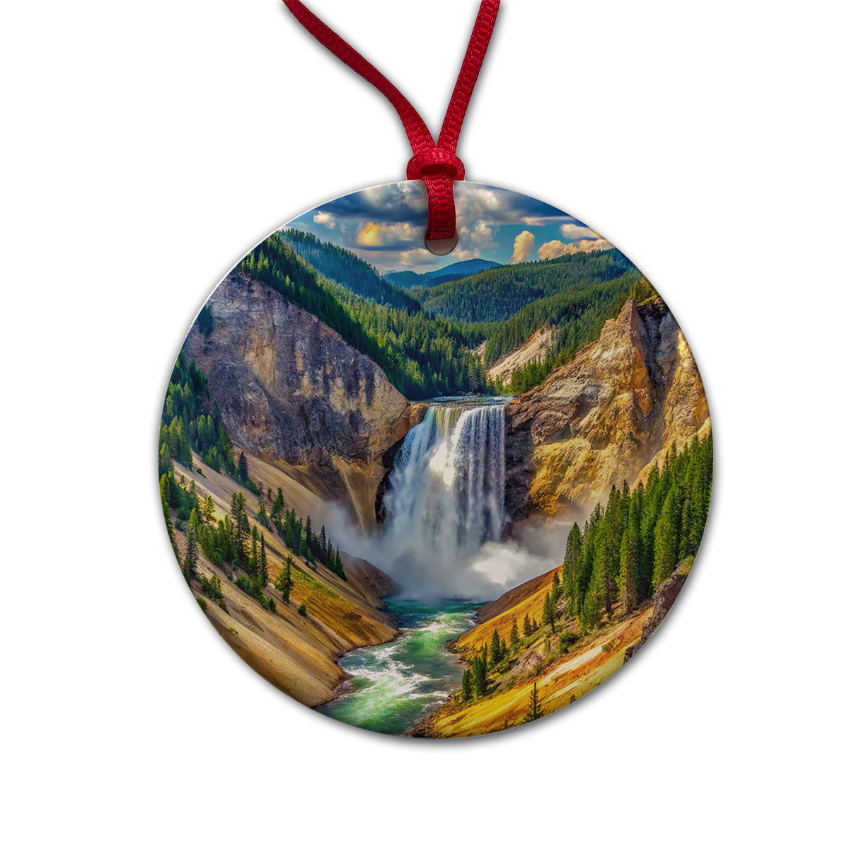 Yellowstone National Park Lower Falls Watercolor Style Round Ceramic Holiday Christmas Tree Ornament