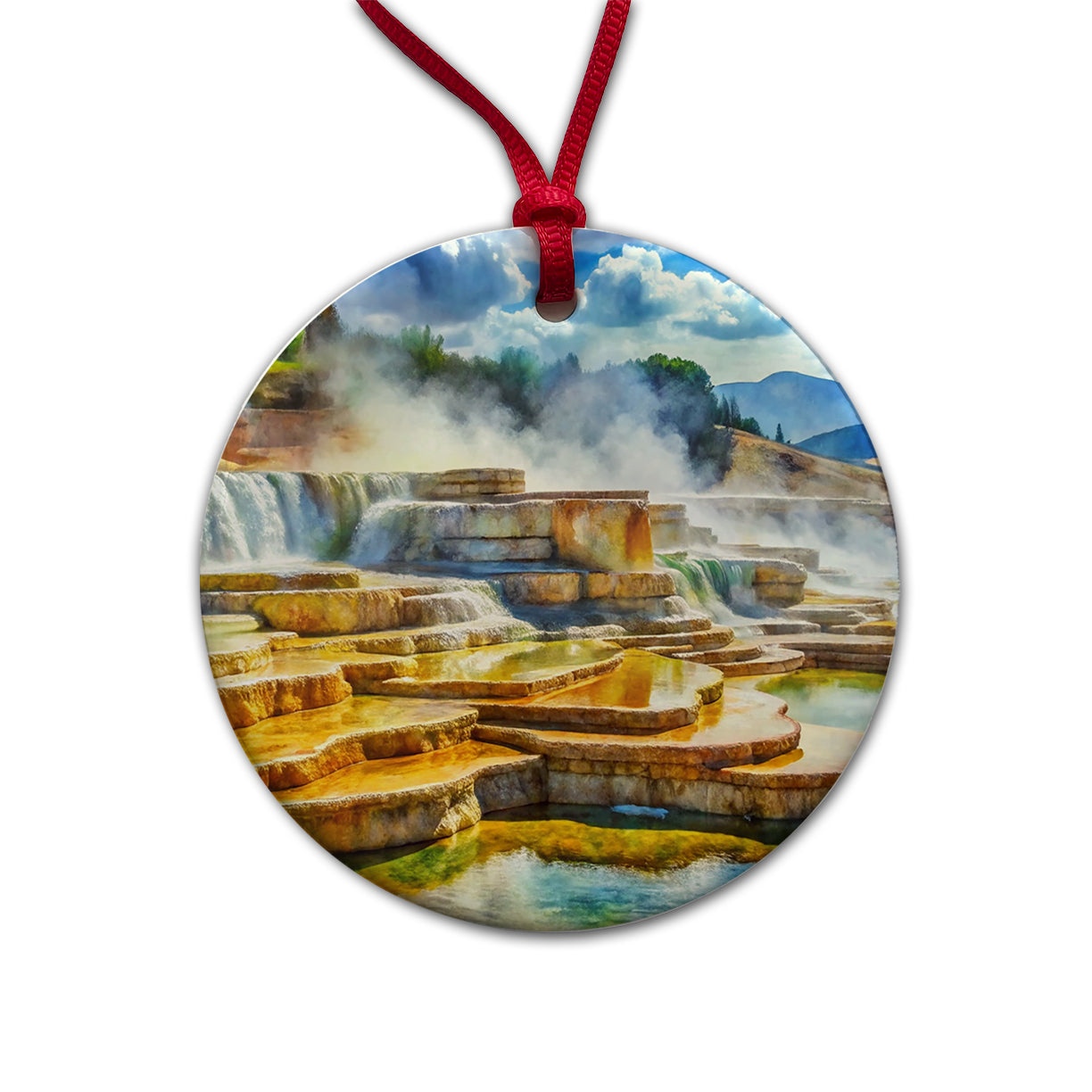 Yellowstone National Park Mammoth Hot Springs Watercolor Style Round Ceramic Holiday Christmas Tree Ornament