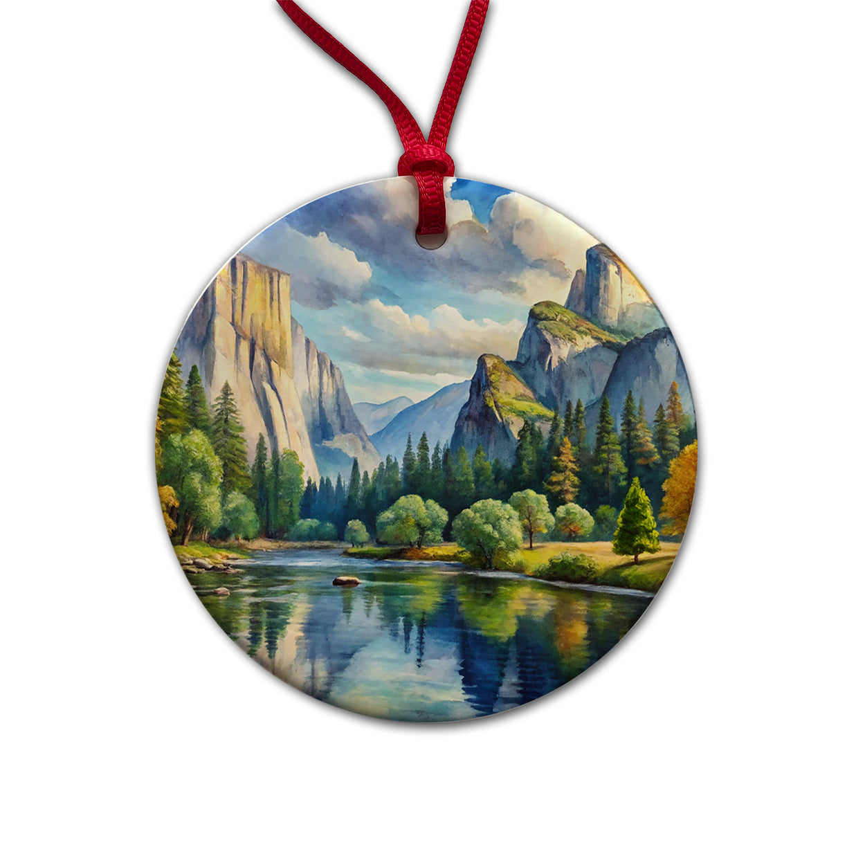Yosemite National Park California Watercolor Style Round Ceramic Holiday Christmas Tree Ornament