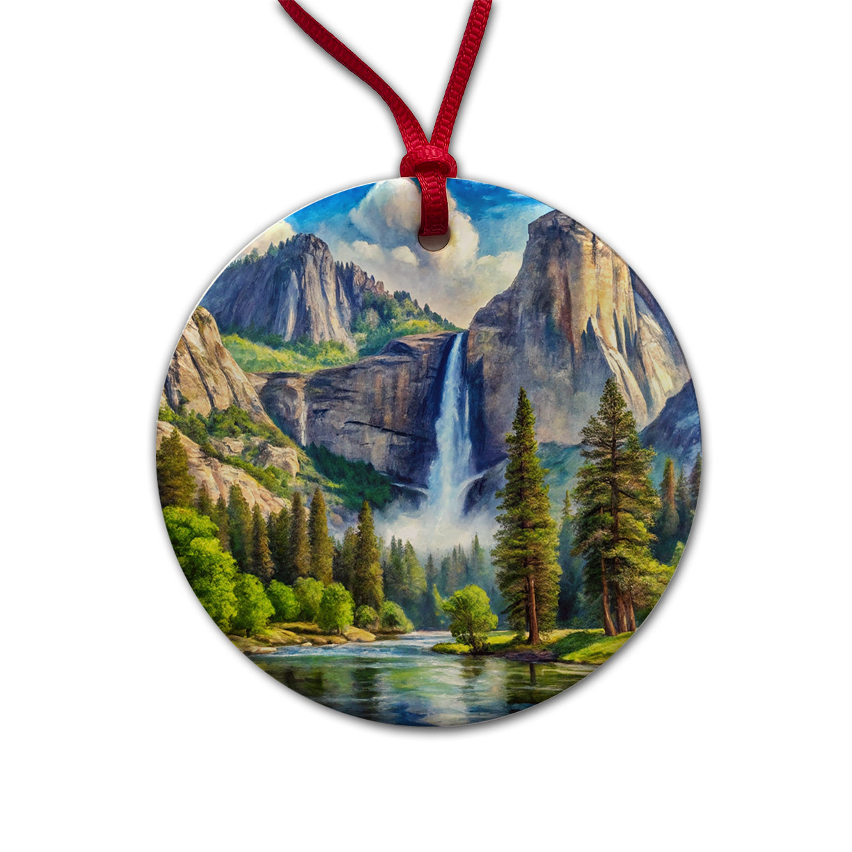 Yosemite National Park Yosemite Falls Watercolor Style Round Ceramic Holiday Christmas Tree Ornament