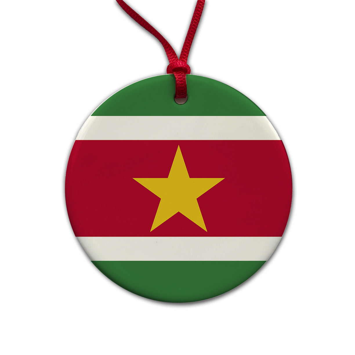 Suriname Country Flag Round Ceramic Holiday Christmas Tree Ornament