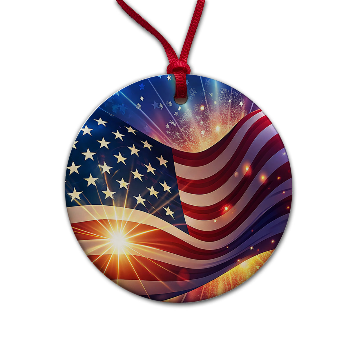 American Flag Sparkling Waving Patriotic Round Ceramic Holiday Christmas Tree Ornament