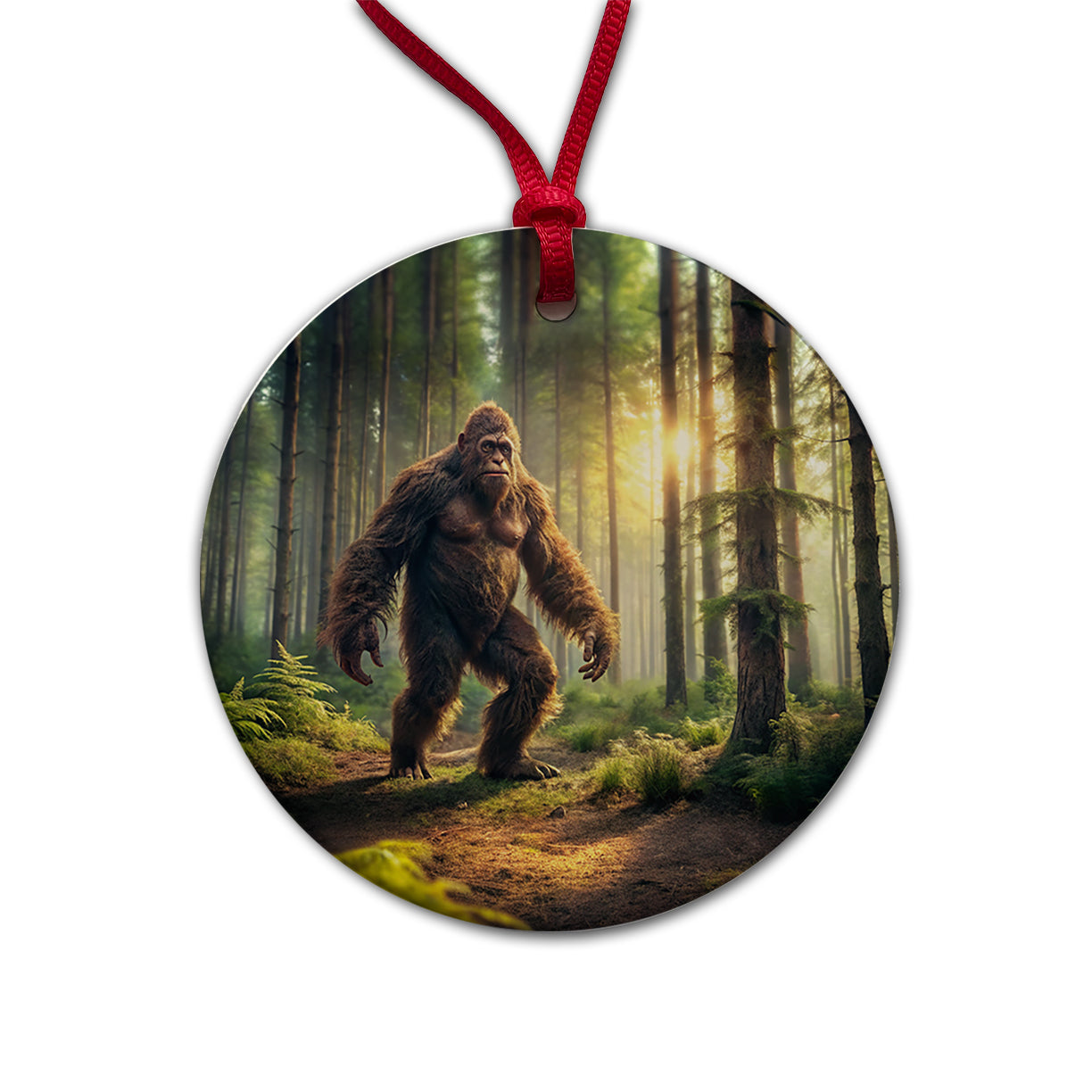 Big Foot Strolling Through The Forest Round Ceramic Holiday Christmas Tree Ornament