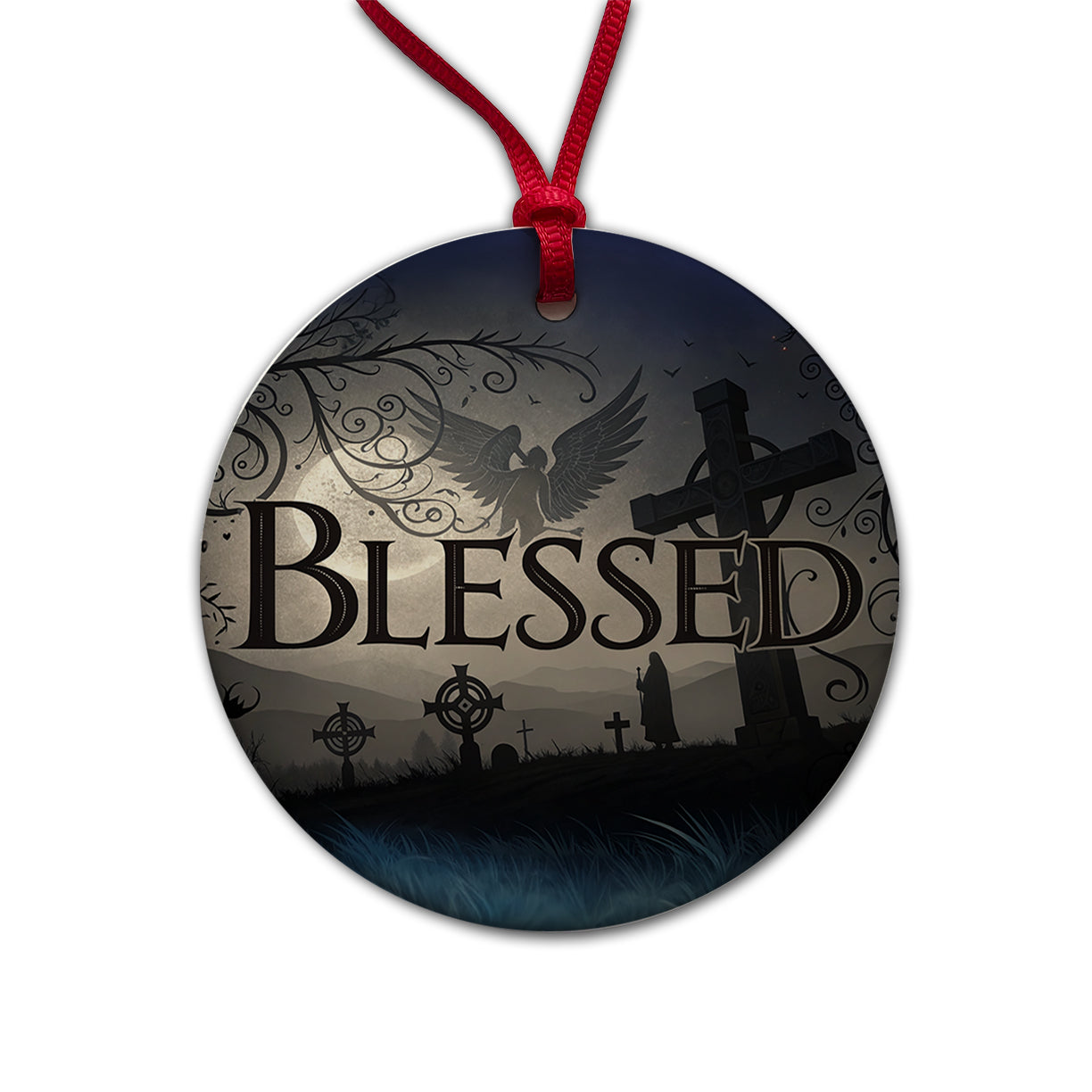 Blessed Angels Crosses Religious Round Ceramic Holiday Christmas Tree Ornament