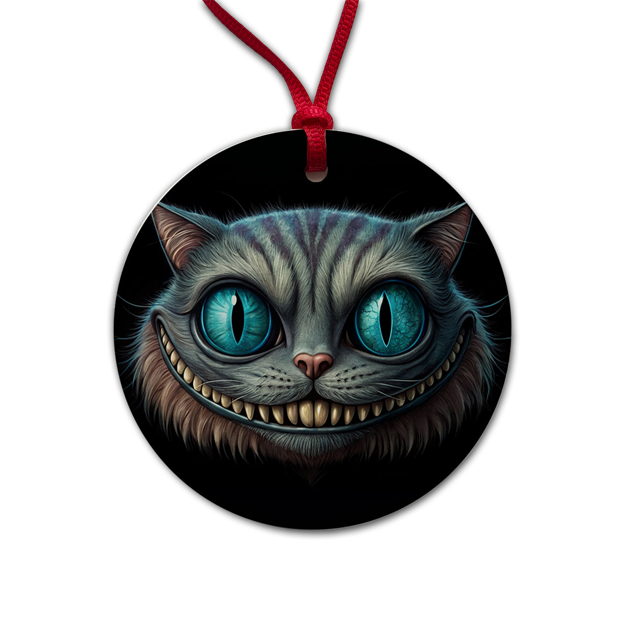 Creepy Cheshire Cat Grin on Black Round Ceramic Holiday Christmas Tree Ornament