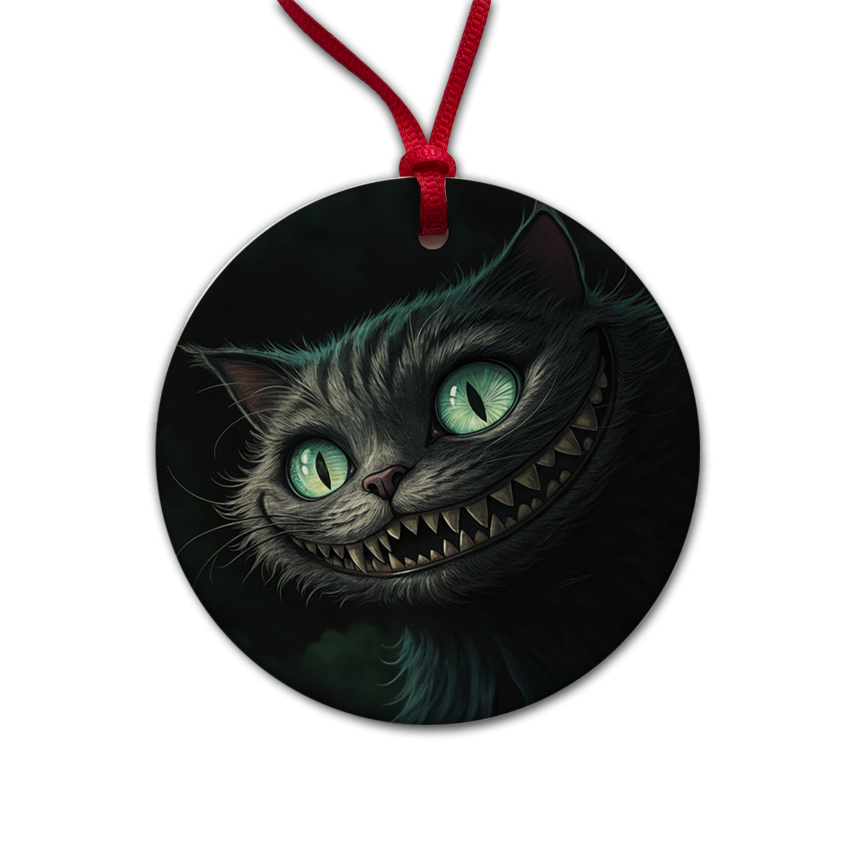 Evil Cheshire Cat Grinning On Black Round Ceramic Holiday Christmas Tree Ornament